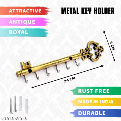 Antique Brass-Tone Key Holder with 6 Hooks