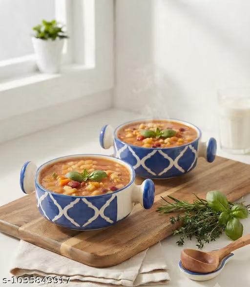 Blue and White Ceramic Soup Bowls with Handles, Set of 2