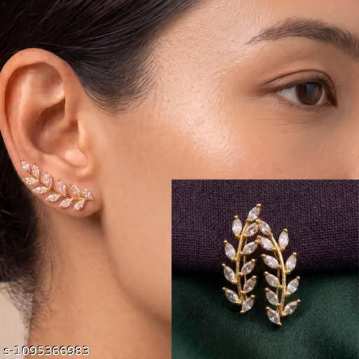 Gold Tone Leaf Design Crystal Ear Cuff Earrings