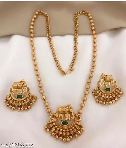 Matte Gold Elephant Motif Temple Necklace Set