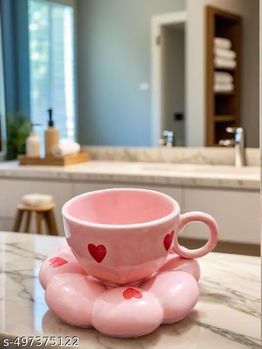 Pink Heart Bubble Ceramic Cup with Matching Saucer