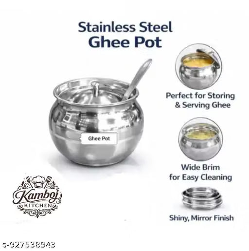 Set of 2 Stainless Steel Ghee Pots with Lids and Spoons