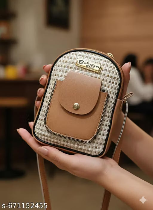 Brown Woven PU Leather Crossbody Sling Bag with Front Pocket