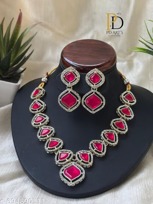 Rani Pink Kundan Polki Necklace with Drop Earrings