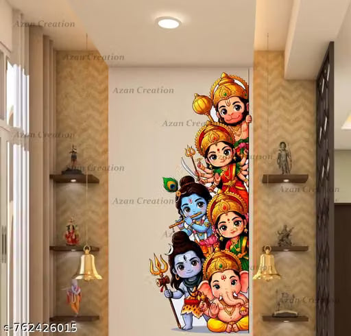 Cute Hindu Gods Wall Sticker | Ganesha, Shiva, Krishna, Durga & Hanuman Cartoon Divine Wall Decal for Home & Pooja Room | Size 36 x 89 cm