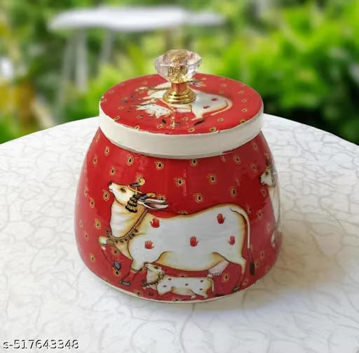 Red Decorative Storage Jar with Traditional Cow Motif