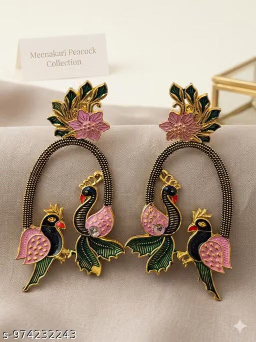 Peacock Meenakari Gold Tone Drop Earrings