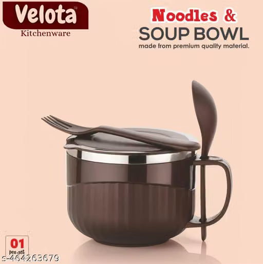 Brown Stainless Steel Noodle Bowl with Lid and Spoon Holder
