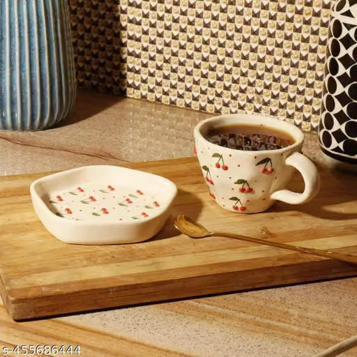 Vintage Cherry Ceramic Tea Cup and Saucer Set