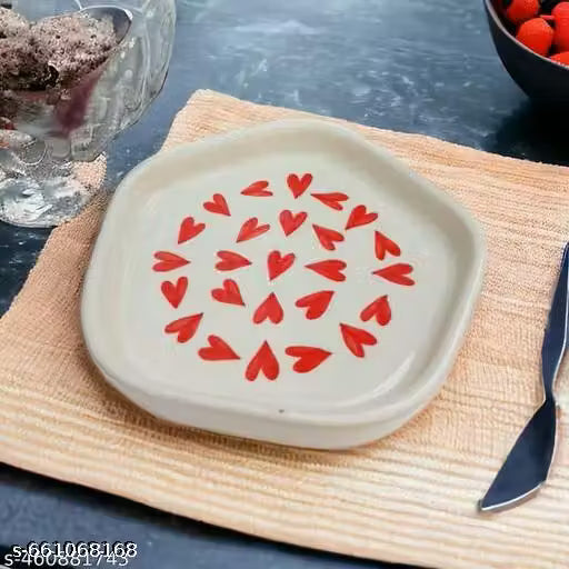 Square Ceramic Heart-Print Snack and Dessert Plate