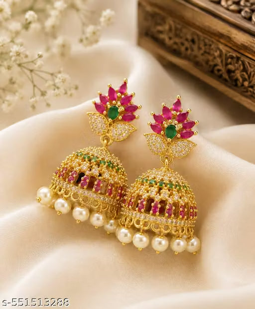 Matte Gold American Diamond Stone Jhumka Earrings