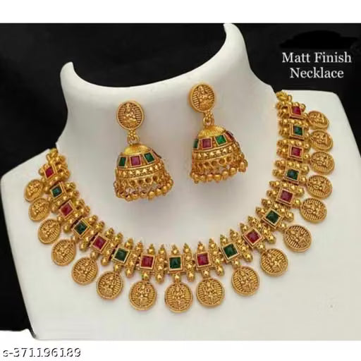 Matte Gold Traditional Stone Necklace and Earring Set