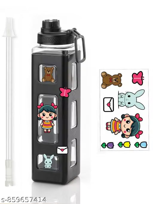 1L Square Cartoon Water Bottle with Straw – Black