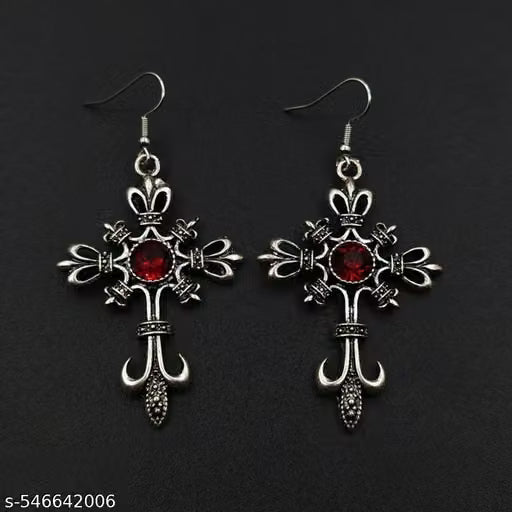 Vintage Gothic Cross Red Crystal Dangle Earrings