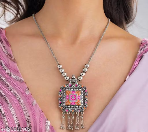 Silver Oxidised Meenakari Ethnic Necklace