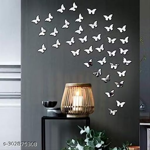 Plouf 35 butterfly silver mirror wall stickers, mirror stickers for wall, acrylic mirror wall decor sticker, wall mirror stickers, mirror wall sticker