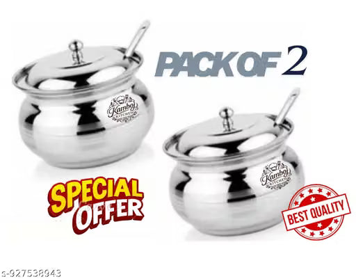Set of 2 Stainless Steel Ghee Pots with Lids and Spoons