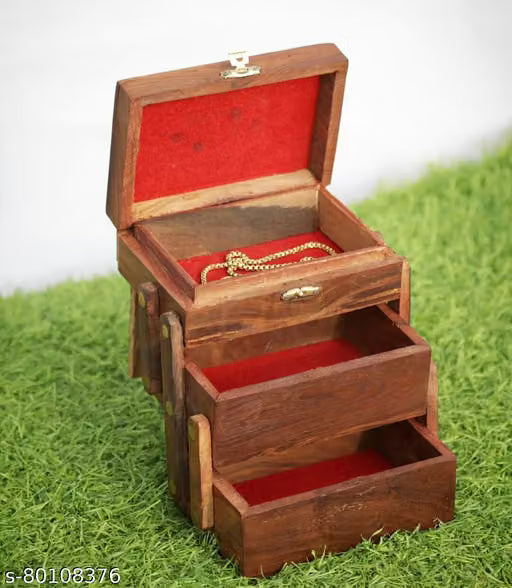 Brown Wooden Jewellery Box with Three Compartments