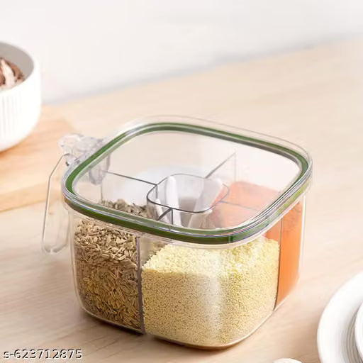 4-Compartment Clear Seasoning Box with Flip Lids and Spoons