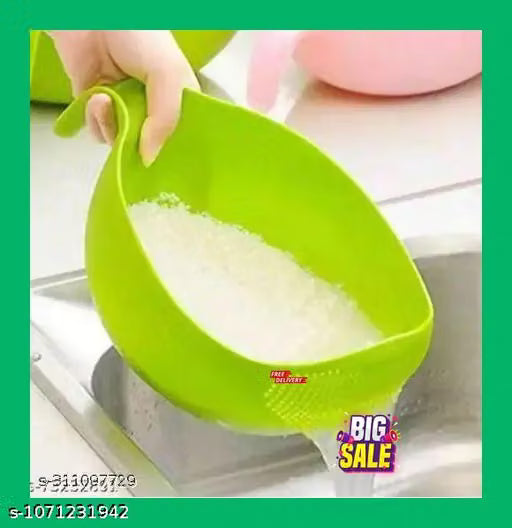 Green Plastic Rice and Fruit Washing Bowl with Handle