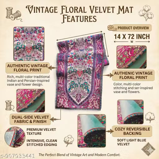 Double-Sided Floral Velvet Table Runner, 14 x 72 Inch