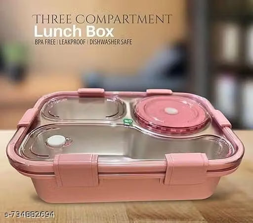 750ml 3-Compartment Stainless Steel Lunch Box with Spoon