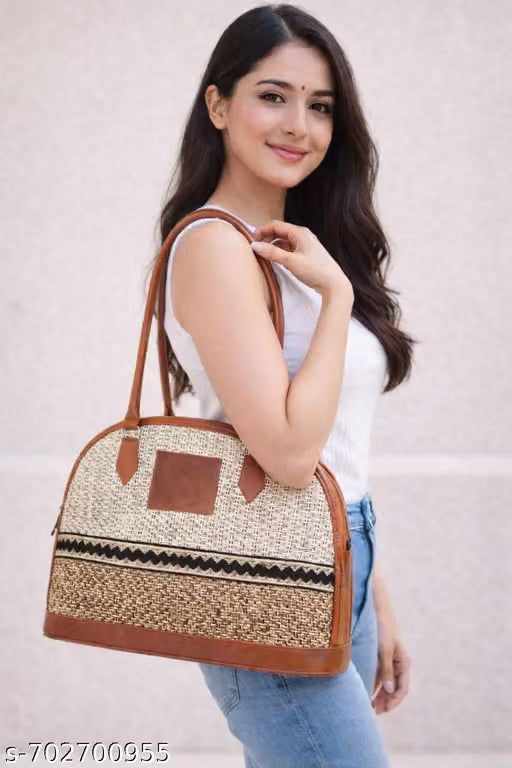 Textured Brown Jute Tote Handbag