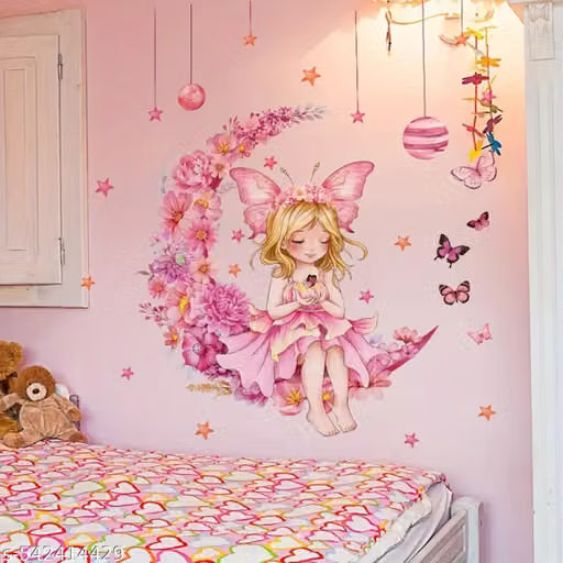 HS Decor decorative cute girl sitting on floral moon Self Adhesive New Modern Art & Trendy Wall Stickers for Living Room, Bedroom and Home Decoration (Wall Covring Size 89 Cm X 51 Cm)