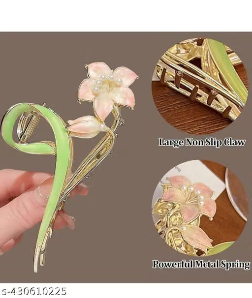 Pastel Pink Flower Metal Hair Claw Clip with Pearl Accents