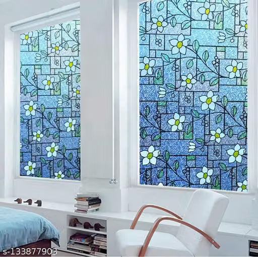 WOLOUR (41x153)CM Sky Blue White Flower Printed Window Films Privacy Glass Film Self Adhesive Decorative Film for Bathroom/Door Window/Heat Control/Sidelight/Anti UV Control Stickers
