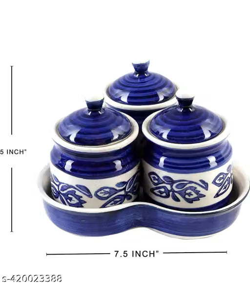 Set of 3 Ceramic Storage Jars with Holding Tray