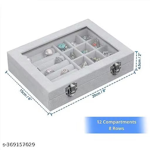 Velvet Jewellery Display Box with Glass Lid and 9 Compartments