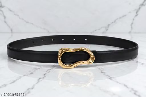 Women Black Classic Belt with Gold Rectangular Buckle