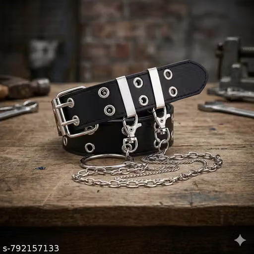 Men Black Punk Eyelet Belt with Metal Chain