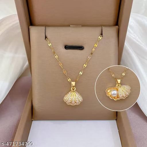 Gold Stainless Steel Pearl Seashell Locket Necklace