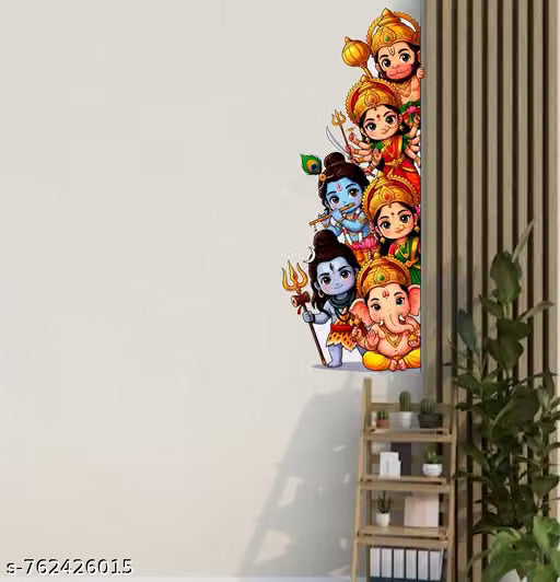 Cute Hindu Gods Wall Sticker | Ganesha, Shiva, Krishna, Durga & Hanuman Cartoon Divine Wall Decal for Home & Pooja Room | Size 36 x 89 cm