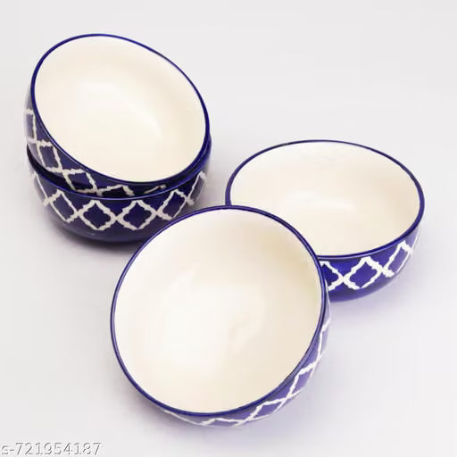 Hand-Painted Blue Floral Ceramic Bowls, 250 ml, Set of 4