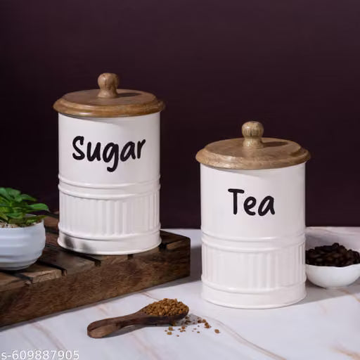 Set of 2 Metal and Wood Airtight Tea and Sugar Jars