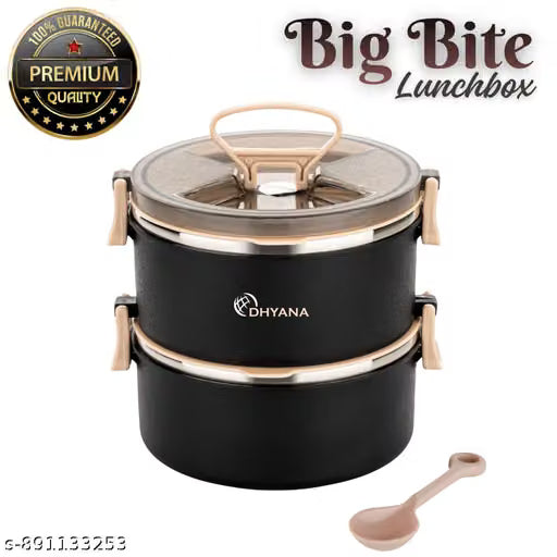 2-Compartment Lunch Box with Handle, Push Lock and Spoon