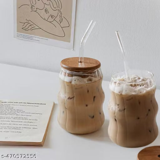 500ml Wave Shape Glass Cups with Wooden Lids – Set of 2