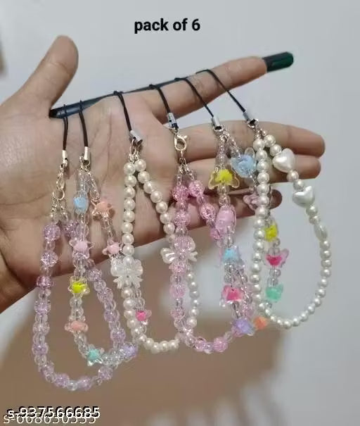 6-Piece Multicolour Beaded Phone Charm Wrist Strap Set