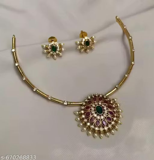 Gold Plated Traditional Bead and Stone Necklace Set