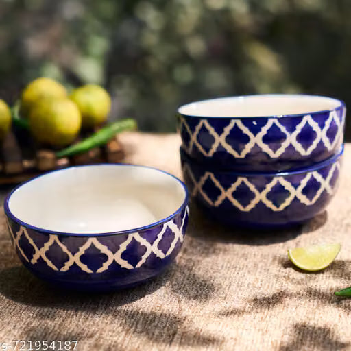 Hand-Painted Blue Floral Ceramic Bowls, 250 ml, Set of 4