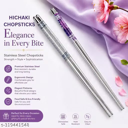 Reusable Stainless Steel Chopsticks, Grey and Purple, Set of 2