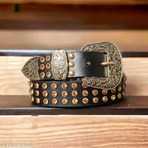 Men Studded Western Belt with Antique Metal Buckle