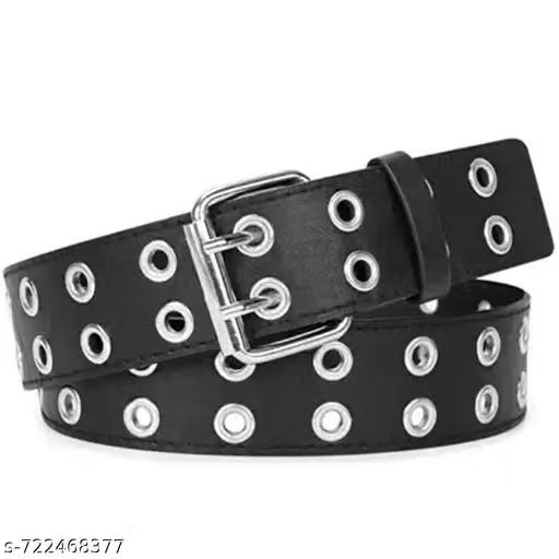 Women Black Double Eyelet PU Leather Belt