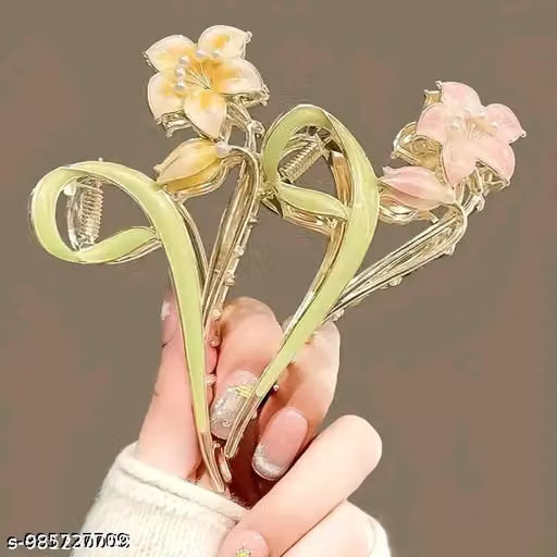 Pink and Yellow Metal Flower Hair Claw Clip Set of Two