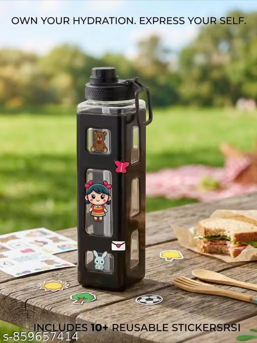 1L Square Cartoon Water Bottle with Straw – Black