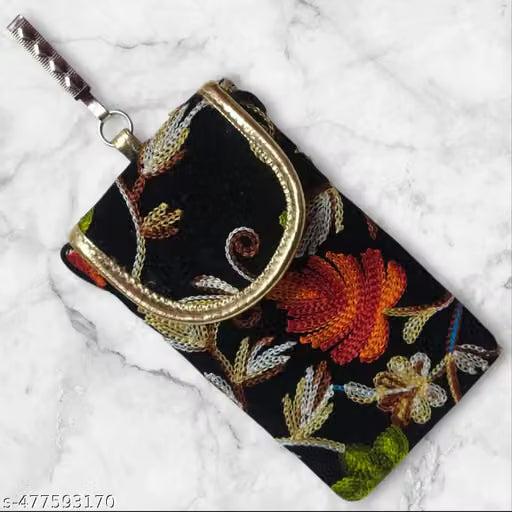 Multicolour Embroidered Cotton Mobile Pouch with Sling and Clip