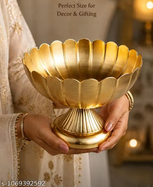 Golden Metal Urli Bowl With Stand Decor Diwali Decoration